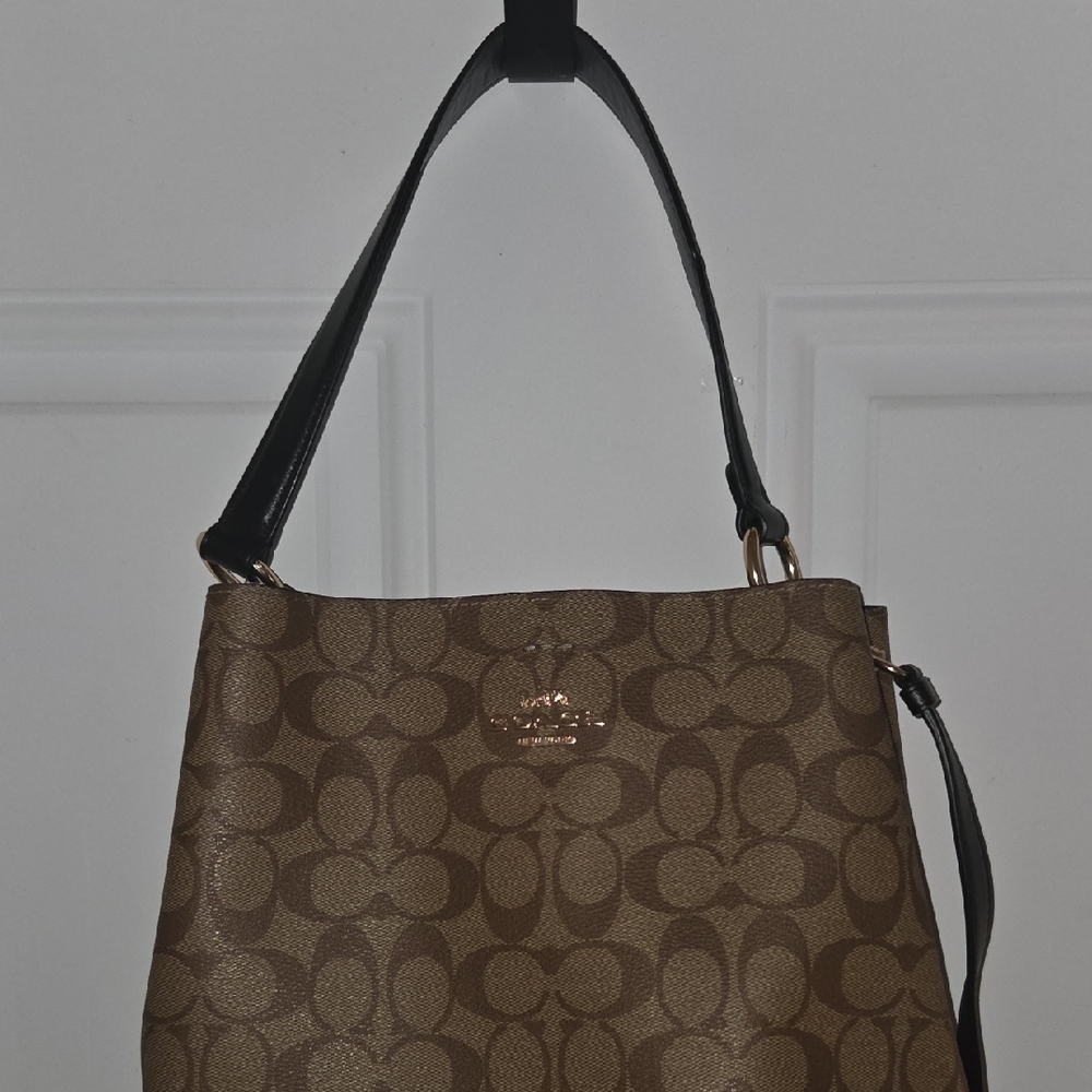 Coach Tan and Black Signature Shoulder Bag